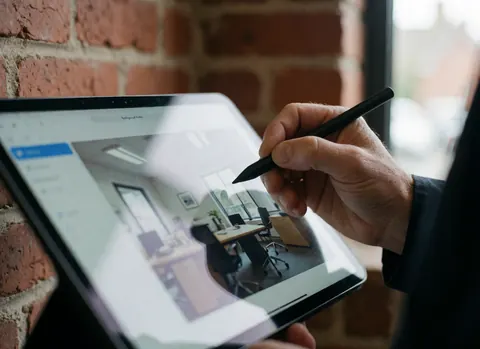 Une main tenant un stylet au-dessus d'une tablette numérique avec une interface visible, un mur en briques et une lumière naturelle.