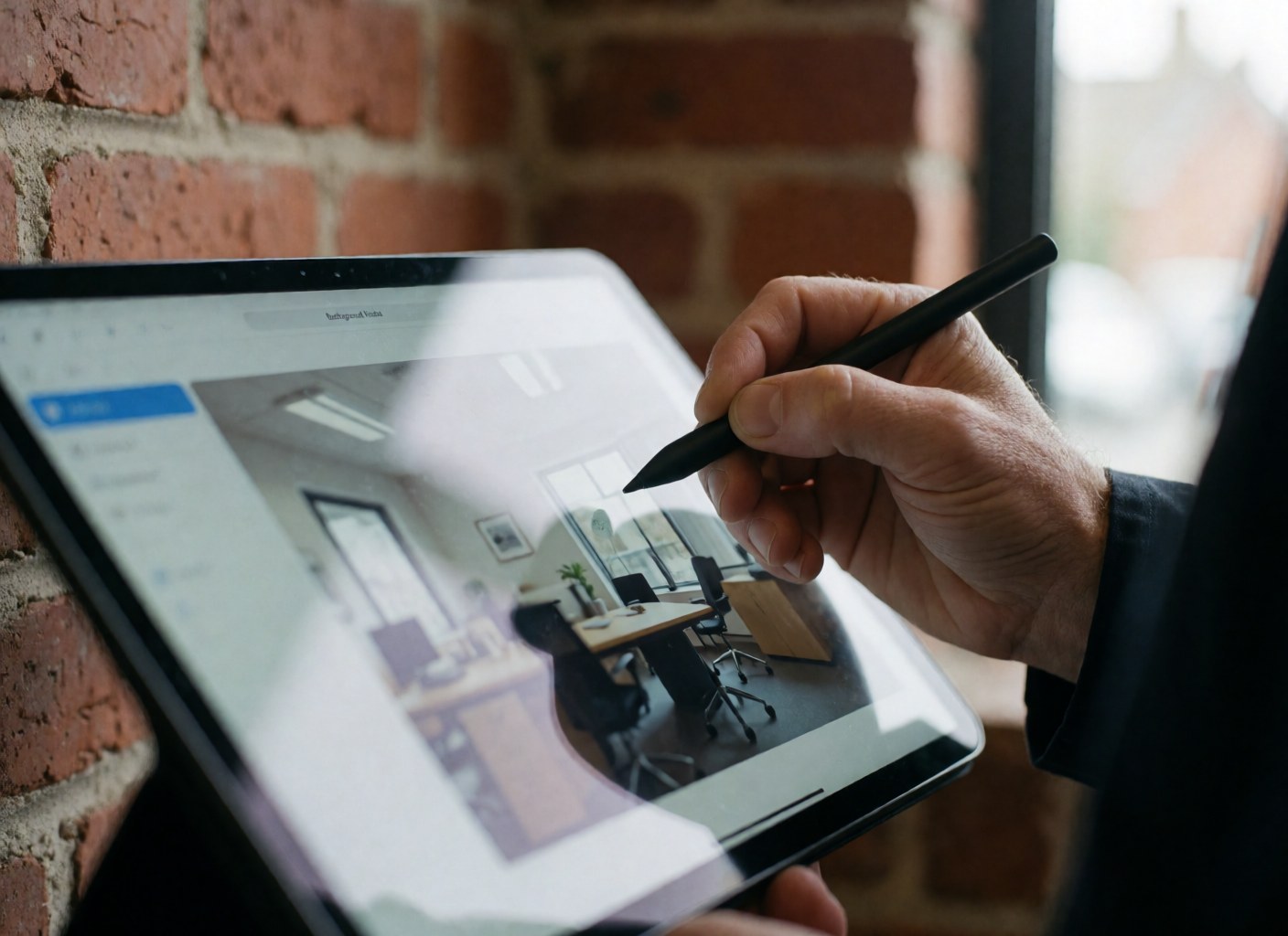Une main tenant un stylet au-dessus d'une tablette numérique avec une interface visible, un mur en briques et une lumière naturelle.