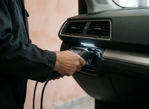 Mécanicien branchant un appareil de diagnostic sur le connecteur OBD d'une voiture dans un atelier propre et bien éclairé pour la vente de véhicules