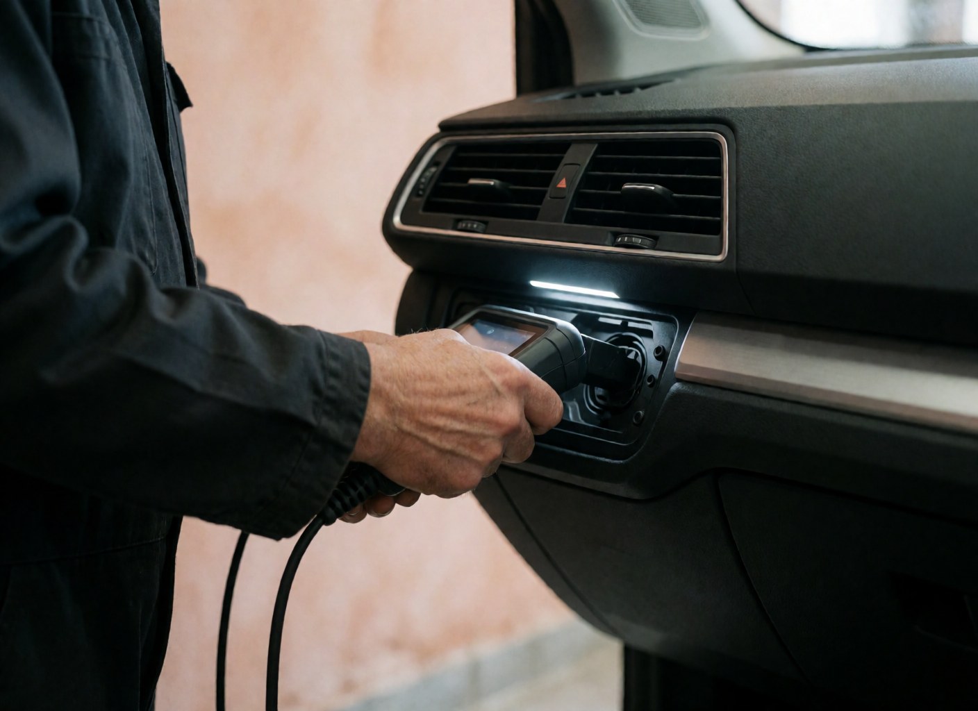 Mécanicien branchant un appareil de diagnostic sur le connecteur OBD d'une voiture dans un atelier propre et bien éclairé pour la vente de véhicules