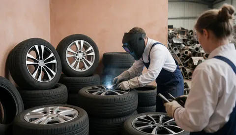 Un soudeur effectue une réparation sur une roue de voiture dans un atelier de recyclage automobile, entouré de pneus et de métal recyclé.