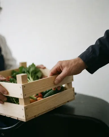 Une main saisit une caisse en bois remplie de légumes frais dans un intérieur au mur blanc, scène réaliste et commerciale.