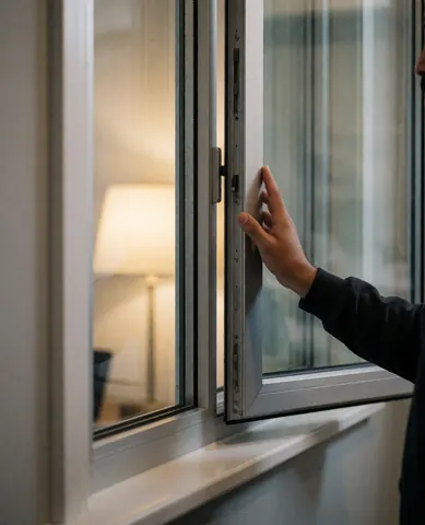 Une main ouvre une fenêtre en aluminium dans une maison, avec le reflet d'une lampe intérieure sur une paroi gris clair, évoquant qualité et service pour réparateur de fenêtres.
