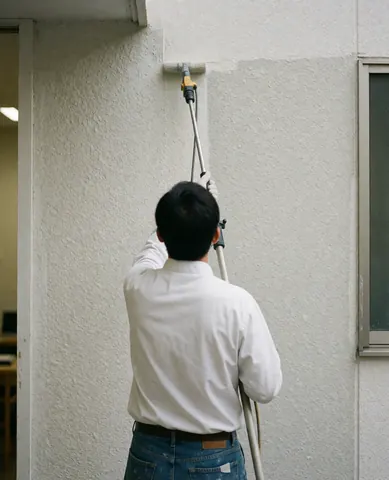 Un peintre applique un produit de protection sur un mur extérieur texturé à l'aide d'un rouleau avec une rallonge, vu de dos.