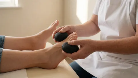 Un thérapeute applique un massage aux pieds avec des pierres volcaniques sur une table de traitement dans un environnement professionnel et lumineux.