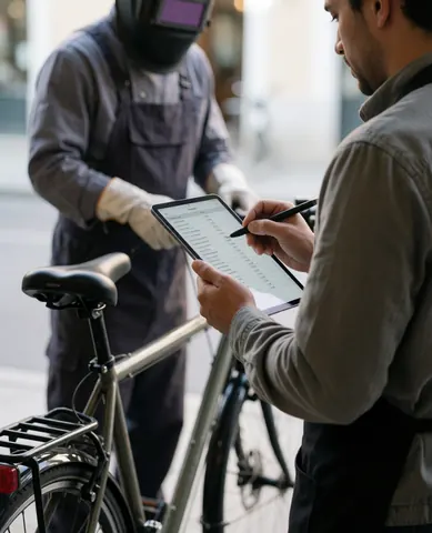 Un livreur debout à côté de son vélo chargé, consultant une liste de courses sur une tablette numérique dans le cadre d'un service de livraison en action.