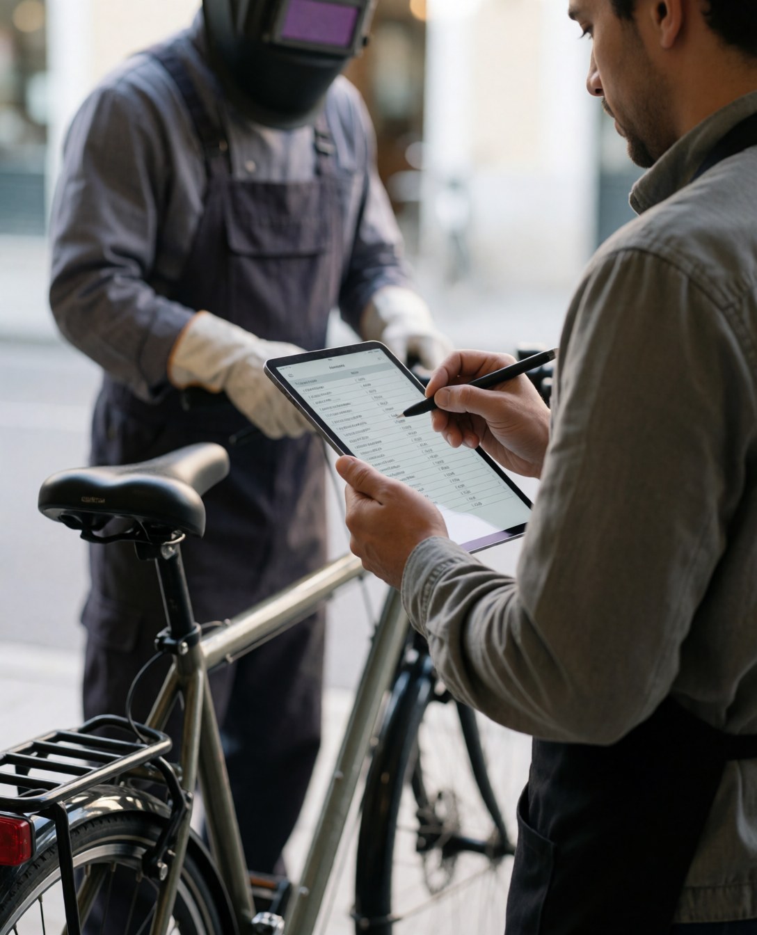 Un livreur debout à côté de son vélo chargé, consultant une liste de courses sur une tablette numérique dans le cadre d'un service de livraison en action.