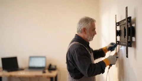 Un technicien installe un support TV sur un mur propre avec des outils, une table de travail et des ordinateurs portables en arrière-plan.