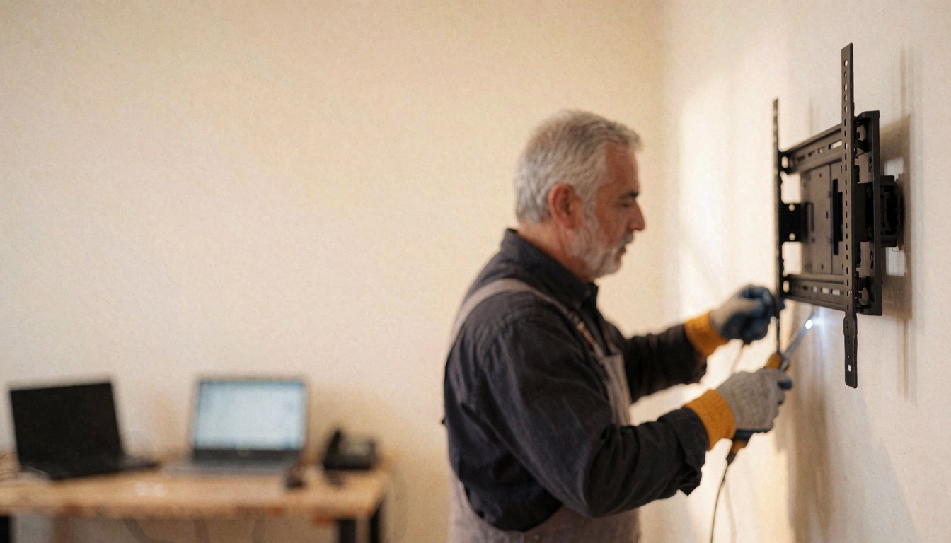 Un technicien installe un support TV sur un mur propre avec des outils, une table de travail et des ordinateurs portables en arrière-plan.