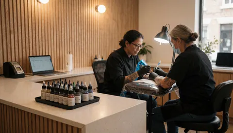 Artiste tatouant un client avec de l'encre végétale, encre dans un plateau, murs en bois clair, ambiance professionnelle et propre.
