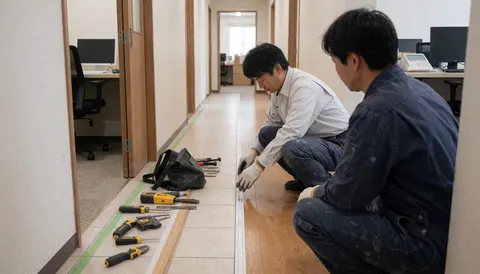 Deux ouvriers posent une transition entre carrelage et bois dans un couloir, outils posés à côté.
