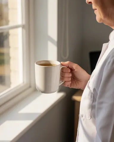 Une cliente adulte tient une tasse de thé près d'une fenêtre avec lumière naturelle, devant un mur gris, vêtue de blanc, évoquant calme et relaxation en clinique de massage cervical.