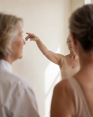 Une femme âgée en collant pratique la danse devant un miroir dans un studio aux murs blancs et à la lumière naturelle.