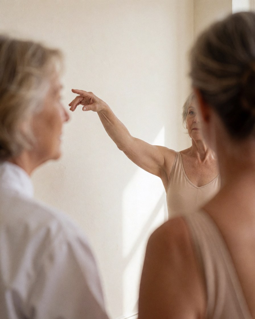 Une femme âgée en collant pratique la danse devant un miroir dans un studio aux murs blancs et à la lumière naturelle.