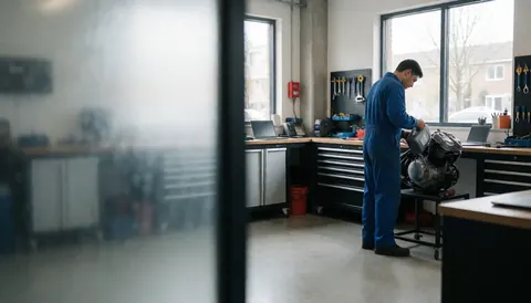 Mécanicien dans un atelier moderne réparant un moteur de moto, outils au mur, lumière naturelle par les fenêtres, idéal pour la réparation de motos.