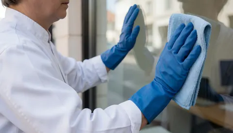 Un agent en uniforme blanc utilise une serviette en microfibre pour nettoyer une fenêtre de local commercial, mettant en évidence un service de nettoyage professionnel en action.