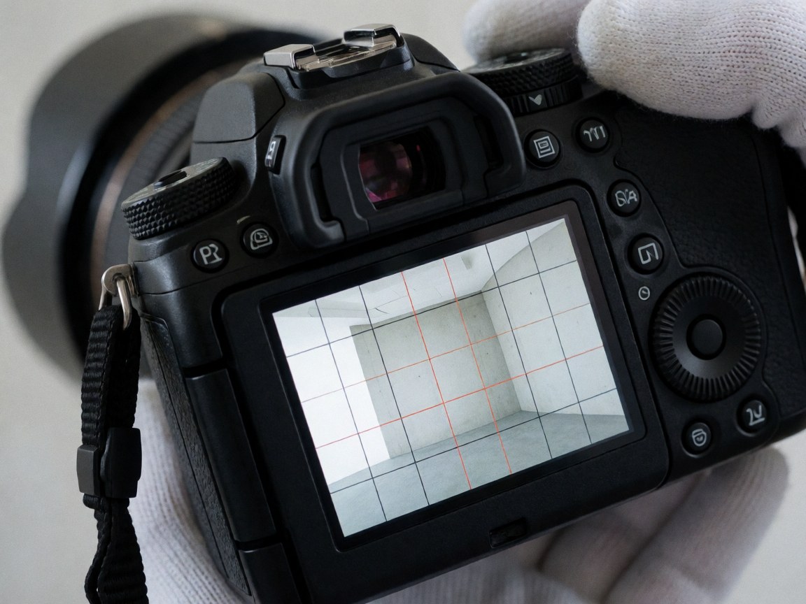 Appareil photo professionnel affichant une grille de nivellement sur son écran lcd. Une main gantée ajuste un cadran. Fond en béton lisse. Détail technique pour photographes panoramiques.
