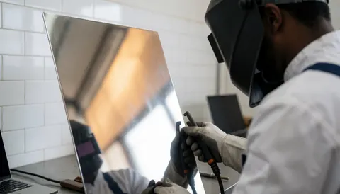 Un soudeur équipé d'un casque et de gants de protection effectue une soudure sur une plaque d'acier poli dans un atelier aux murs carrelés de blanc.