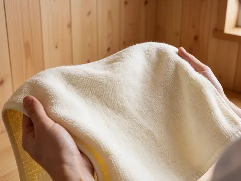 Des mains tiennent une serviette thermique blanche à texture douce, dans une pièce aux murs en bois clair, idéale pour les massages.