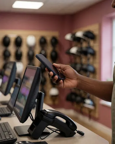 Une cliente paie avec son smartphone dans un magasin de vélos. Des casques sont visibles sur un mur rose. Une caisse enregistreuse est présente. Intérieur d'un commerce de vente de cycles.