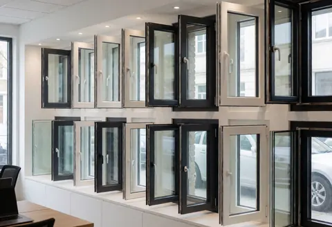 Présentation de fenêtres en aluminium et pvc dans un showroom aux murs blancs et à l'éclairage par spots, idéal pour une entreprise d'installation de fenêtres.