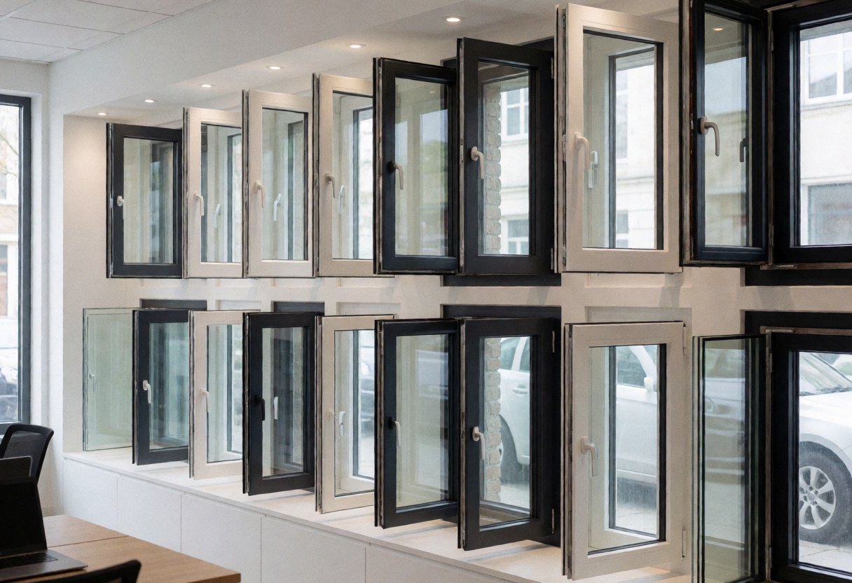 Présentation de fenêtres en aluminium et pvc dans un showroom aux murs blancs et à l'éclairage par spots, idéal pour une entreprise d'installation de fenêtres.