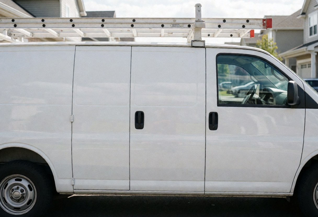 Fourgon blanc équipé d'une échelle sur une rue résidentielle, prêt pour des interventions de chauffage, avec des reflets sur les vitres.