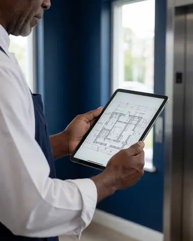 Un technicien examine un plan de modernisation d'ascenseur dans un hall avec des murs bleus et une lumière naturelle, montrant l'équipe et le lieu de travail.