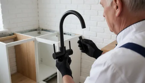Un installateur de cuisine portant des gants noirs monte un robinet noir sur un meuble partiellement assemblé dans une cuisine avec un mur en briques blanches.