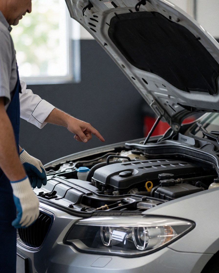 Un mécanicien portant des gants de protection montre le moteur d'une voiture au capot ouvert dans un atelier aux murs gris et à la lumière naturelle.