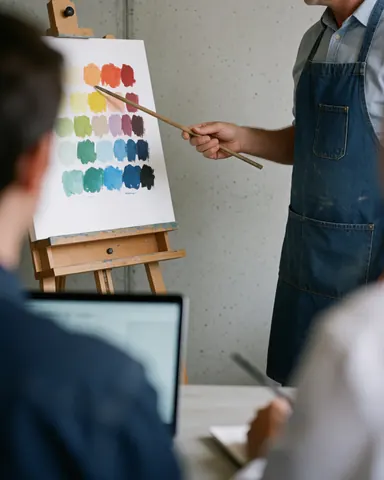 Instructeur portant un tablier expliquant la théorie des couleurs avec une palette sur un mur en béton, mains et outils visibles.