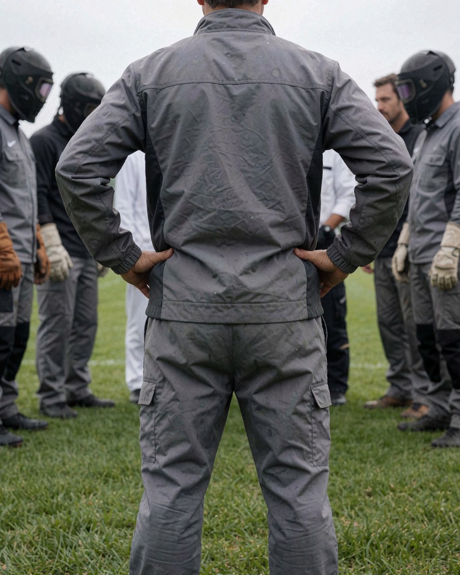 Entraîneur de dos mains sur hanches regardant joueurs casqués sur terrain herbeux lors d'une séance d'entraînement professionnel.