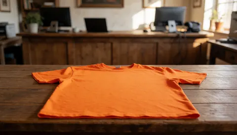 Chemise orange repassée posée sur une table en bois dans la réception d'un parc d'aventure avec des ordinateurs en arrière-plan.