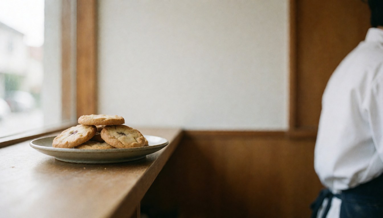 Cookies artisanaux posés sur une assiette au premier plan, avec une personne portant un tablier vue de dos, baignée de lumière naturelle provenant d'une fenêtre dans un café aux murs blancs et au bois chaleureux.