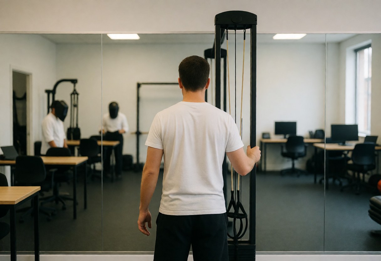 Un homme de dos ajuste une corde d'entraînement dans un gymnase avec des murs miroirs et un sol en caoutchouc.