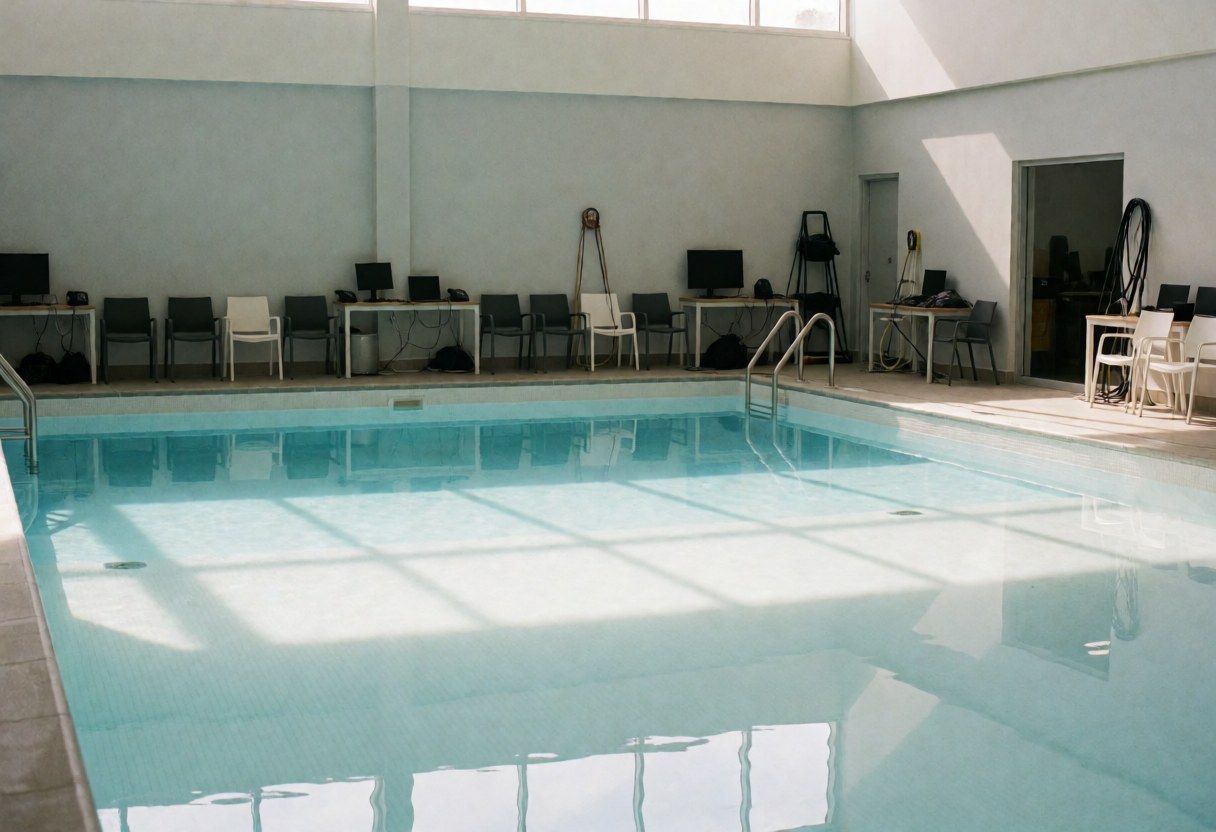 Piscine publique vide reflétant la lumière naturelle, chaises et tables rangées sur le deck, murs gris et propres.