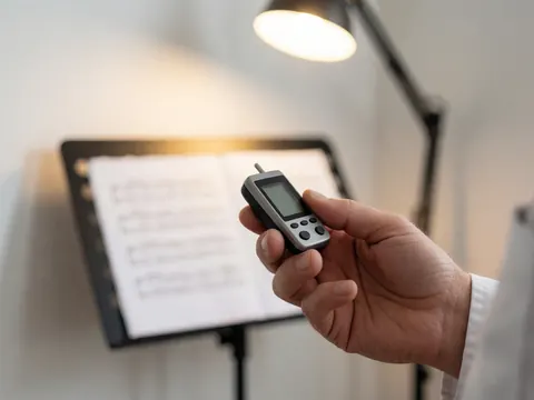 Main tenant un accordeur numérique avec une partition sur un support et une lumière de bureau, idéal pour une académie de musique.