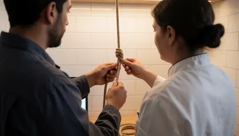 Instructeur et étudiant nouant un nœud avec une corde sur un mur de carreaux blancs, éclairé par une lumière chaude, idéal pour une classe d'escalade.