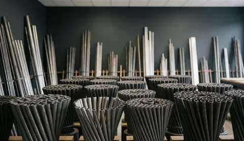 Entrepôt industriel avec des tubes d'acier empilés sur des tables, murs gris, idéal pour site web de soudure