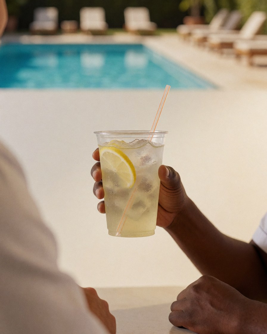 Une main tenant un verre avec du citron et de la glace, devant une piscine avec des chaises de plage, idéal pour un parc aquatique.