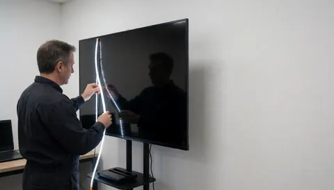 Un technicien teste une bande lumineuse led sur le bord d'un écran tv dans un atelier aux murs blancs, idéal pour la réparation d'appareils électroniques.