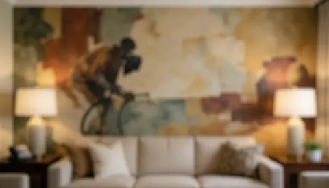 Murale abstraite sur le mur du salon avec canapé et lampes, idéale pour fond de texte en design d'intérieur.