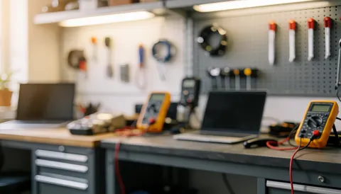 Fond d'atelier de réparation de batteries avec multimètres, outils suspendus au mur et postes de travail sous éclairage chaud.