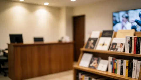 Hall d'accueil d'une école de tango avec une étagère à livres, une table en bois, un éclairage chaleureux et des murs lisses, idéal pour un fond de texte.