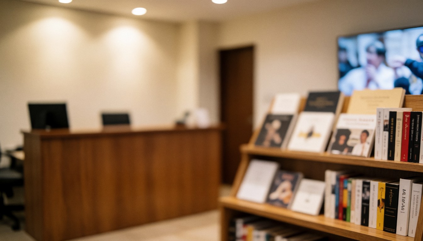 Hall d'accueil d'une école de tango avec une étagère à livres, une table en bois, un éclairage chaleureux et des murs lisses, idéal pour un fond de texte.