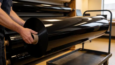 Un ouvrier guide un grand rouleau de vinyle noir brillant sur un chariot dans un atelier, avec d'autres rouleaux en arrière-plan sous une lumière chaude.