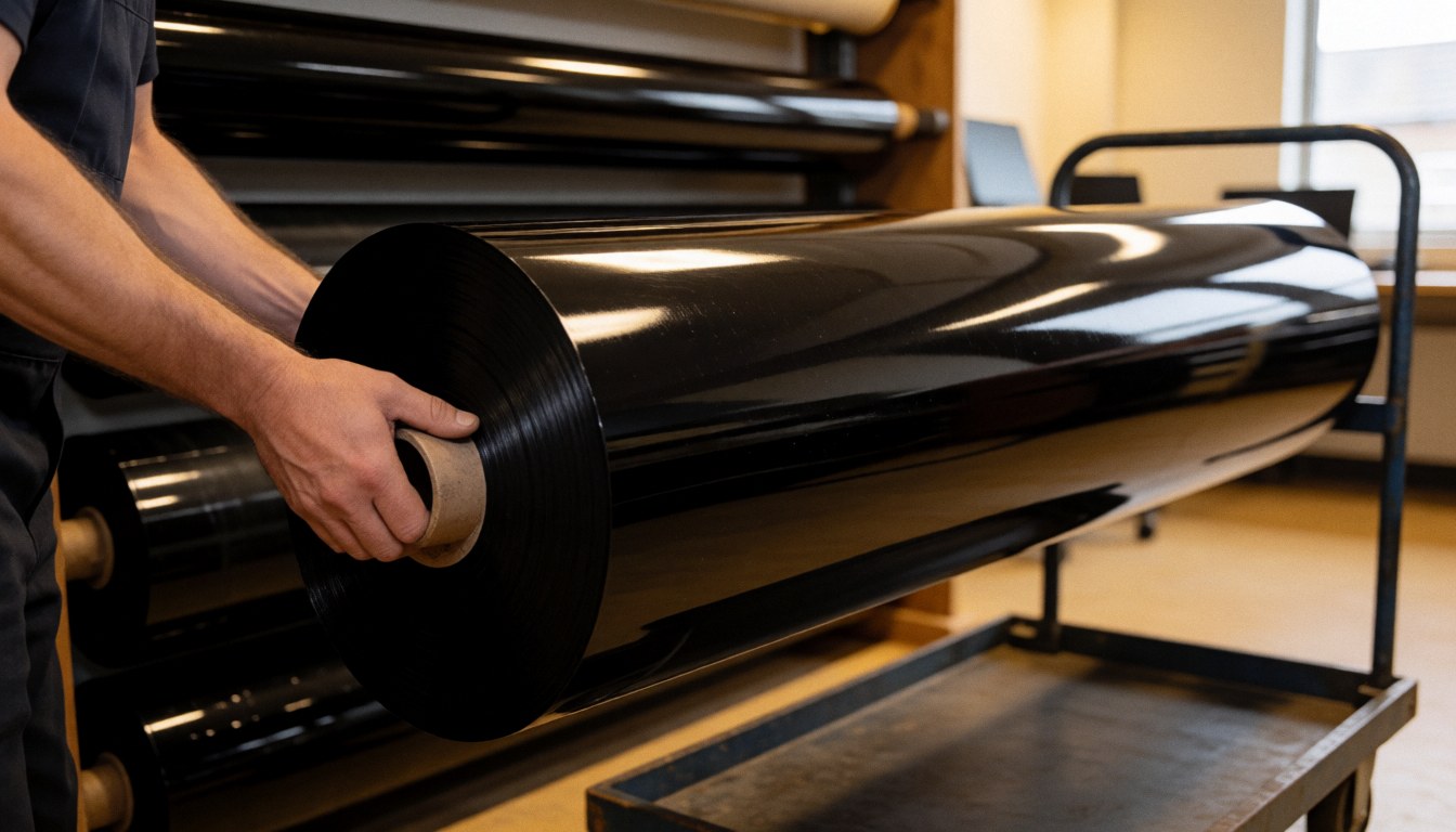 Un ouvrier guide un grand rouleau de vinyle noir brillant sur un chariot dans un atelier, avec d'autres rouleaux en arrière-plan sous une lumière chaude.