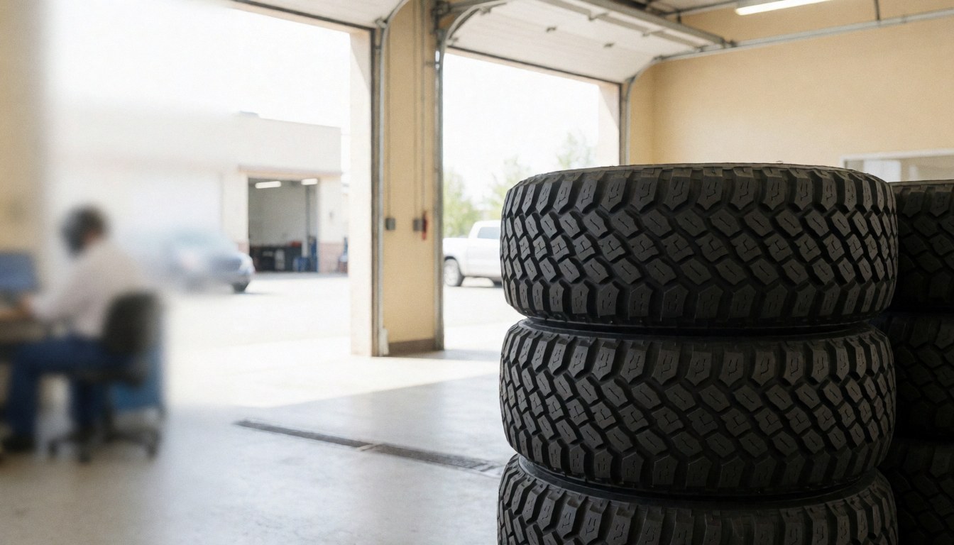 Empilement de pneus poids lourds dans un garage aux murs beige avec éclairage naturel, idéal pour les services de pneumatiques.