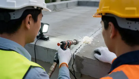 Deux ouvriers appliquent de la mousse de polyuréthane sur une fissure de toit en béton avec un équipement d'étanchéité, portant casques et gilets réfléchissants.