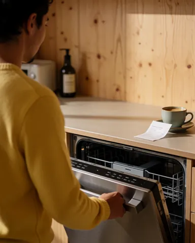 Une cliente examine un lave-vaisselle réparé dans une cuisine avec des murs en bois, un reçu et une tasse de café visibles sur le comptoir.